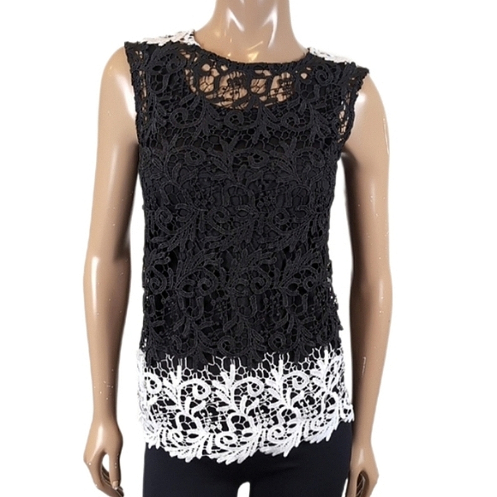 Cleo Crochet Lace Sleeveless Top Color Block Contrast Overlay Petite Blouse